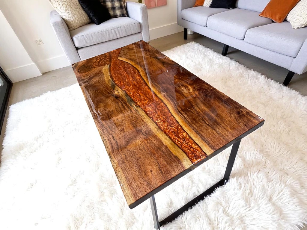 Bespoke Orange Resin River Table – Handmade Dining Furniture